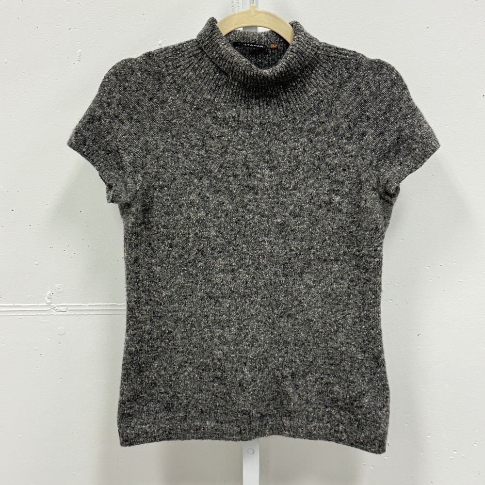 Elie Tahari Grey Marled Knit Mock Neck Short Sleeve Sweater Minimalist‎ Small